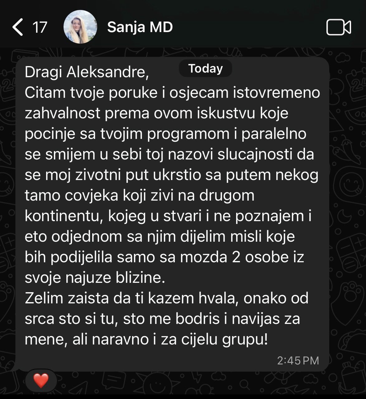 Sanja, poruka u RESET grupi