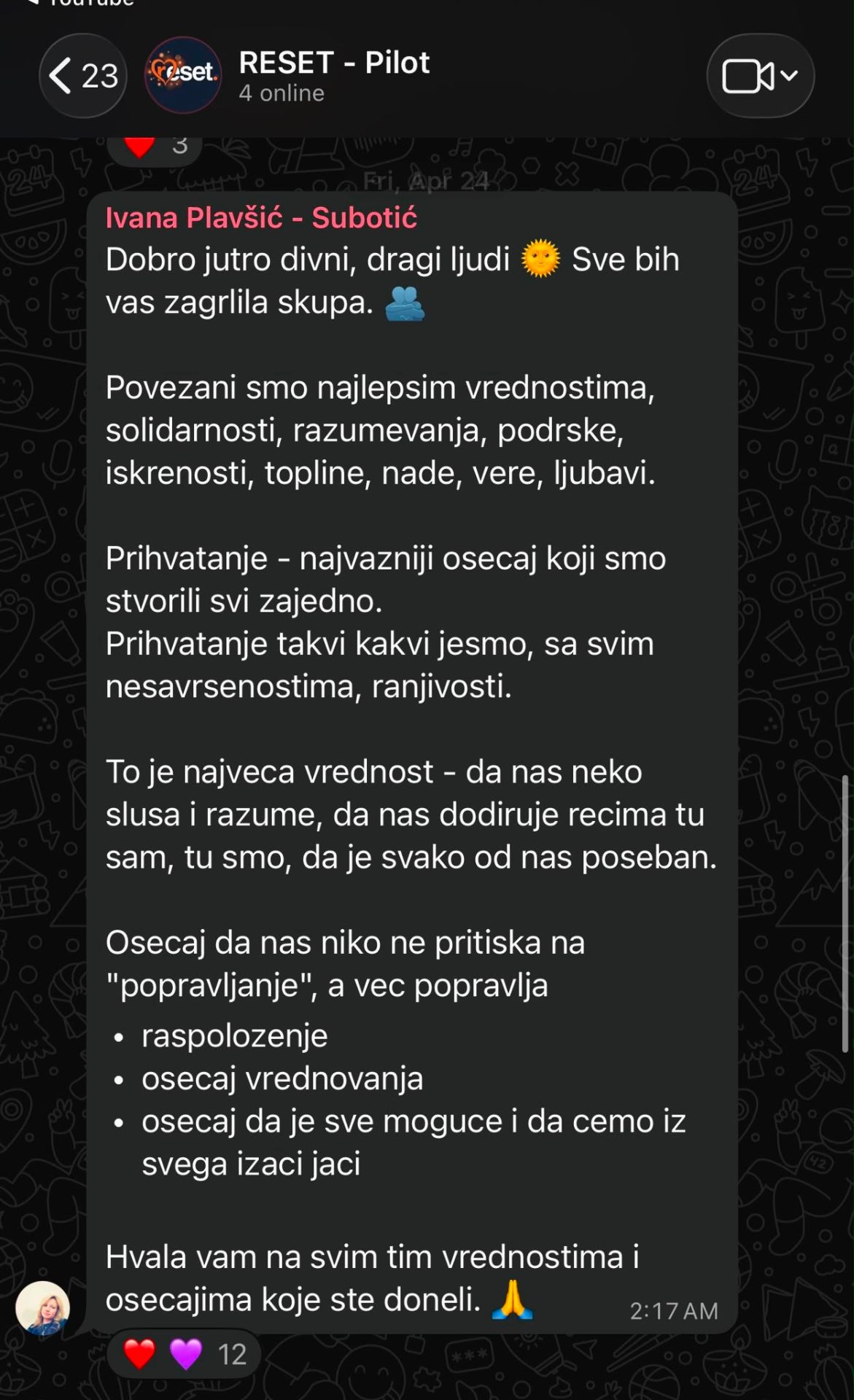 Ivana, poruka u RESET grupi